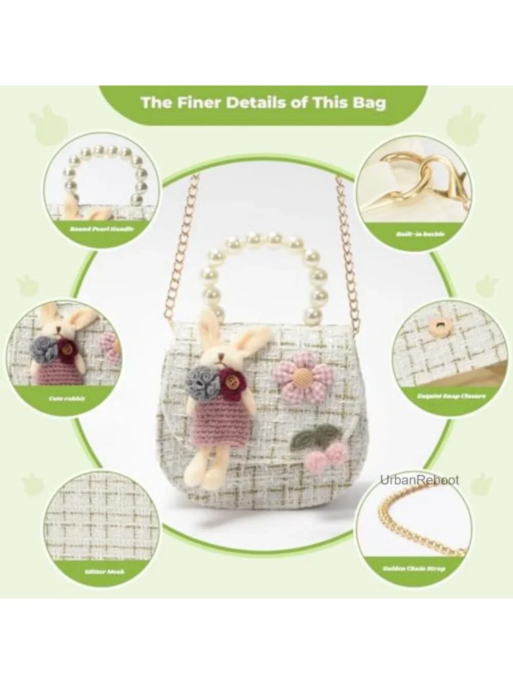 Girls Crossbody Purse Tweed PU Leather Rabbit Handbag Adjustable Strap